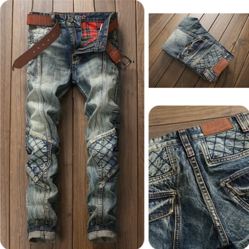 Джинсы мужские в стиле ретро Свободные плиссированные строченные штаны моющиеся