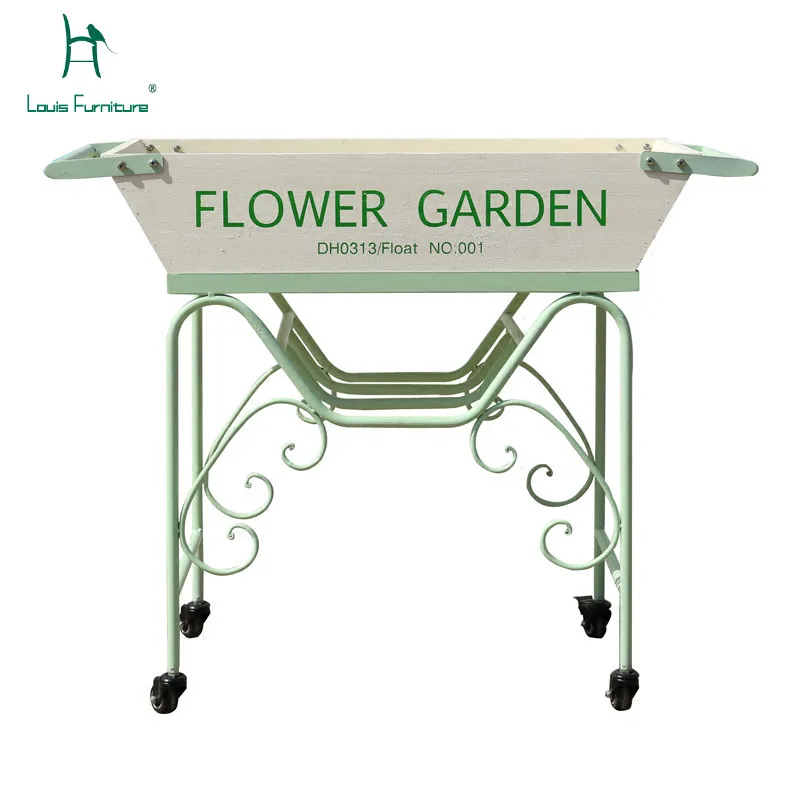 

Louis Fashion Plant Shelves White Green Iron Art Wooden Flower Cart Trolley Garden