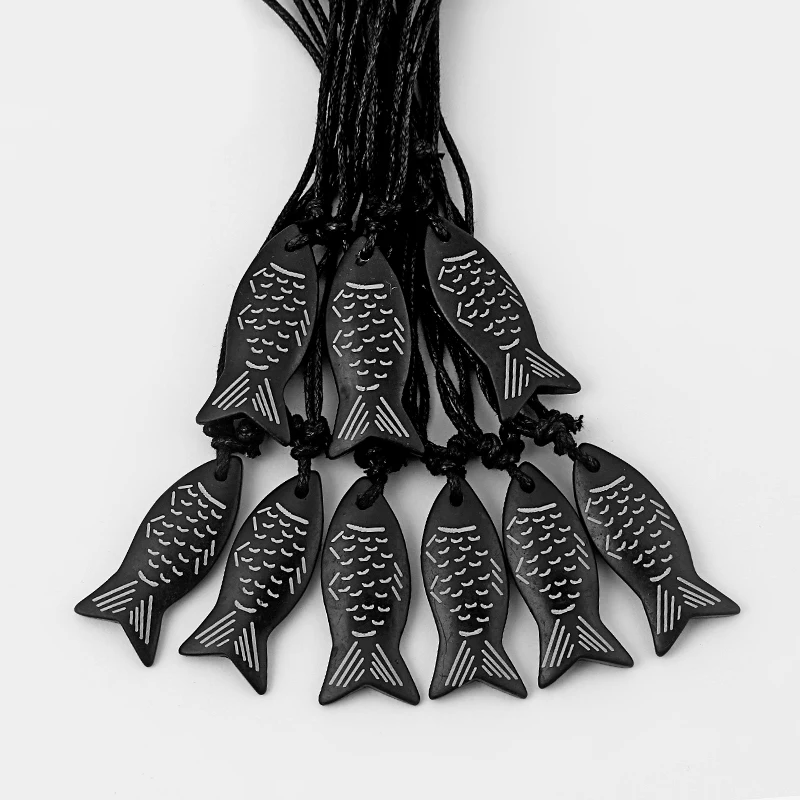 

6pcs Black Yak Bone Fish Charm Pendant Necklace Black Wax Cotton Cord Adjustable