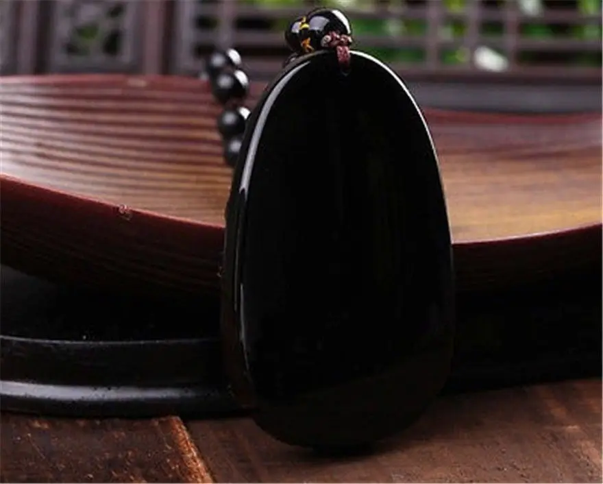 Черный 100% натуральный обсидиан резные кван инь лотос статуя ожерелье подвеска