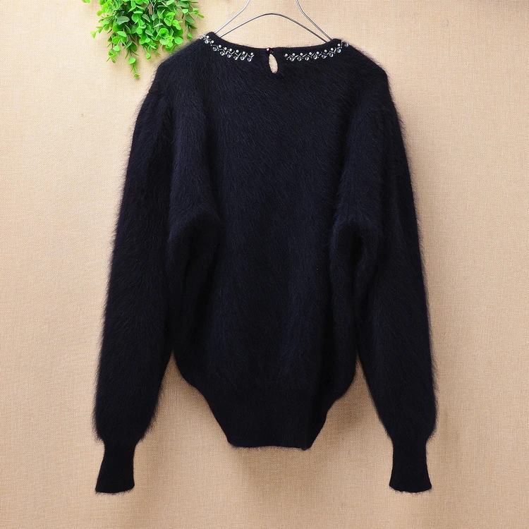 Elegant autumn winter bowknot angora rabbit wool bead Diamond o-neck loose long sleeves mink fur pullover sweater blouses women | Женская