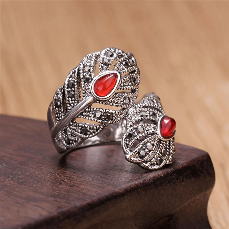 2016 New Anel Vintage Peacock Feather Big Ring Antique Silver Plated Stone Rhinestone Rings For Women Fashion Jewelry (AL810009) | Украшения