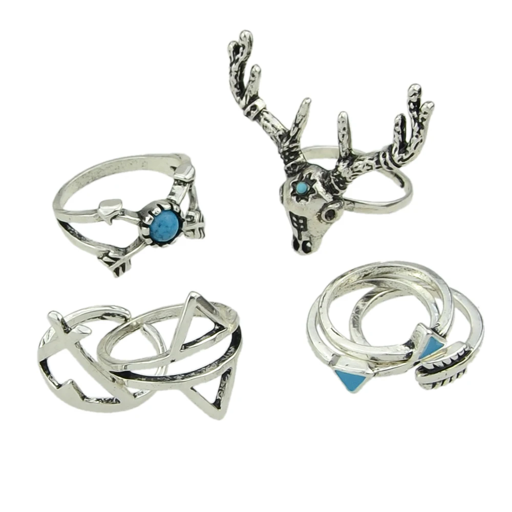 7pcs/set Gothic Style Rings Set Antique Silver Color Jewelry Bijoux Blue Stone Deer Triangle Geometric Midi Ring Anel | Украшения и