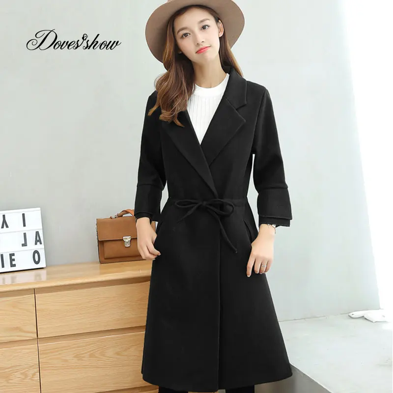 

New Women Autumn Winter Jacket Long Belted Wool Coat Mujer Overcoat Casaco Feminino Female Jacket Outwear Flared Sleeves Blends