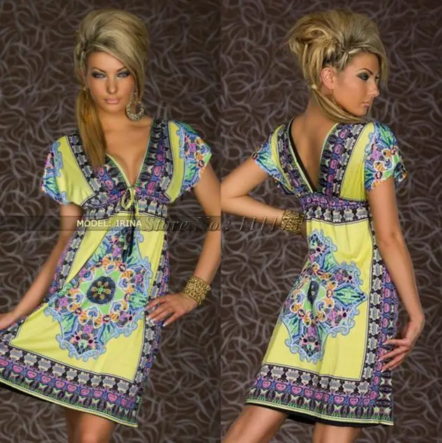 

Spring autumn Multicolored Milk Silk Ladies Dress Sexy V-neck Vintage Dress With short sleeves Large Size Floral sexy Dress