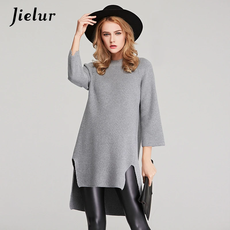 Jielur New Winter Long Sweater Loose Europe Solid Color Irregular Pullovers Three Quarter Sleeve Top Female Warm Woman Sweaters | Женская