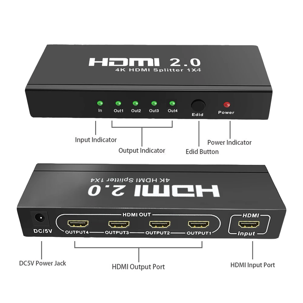 Разветвитель Aikexin 4K HDMI2.0 1 в 4 выхода 4K/60 Гц HDCP2.2 HDMI разветвитель порта 1X4 с