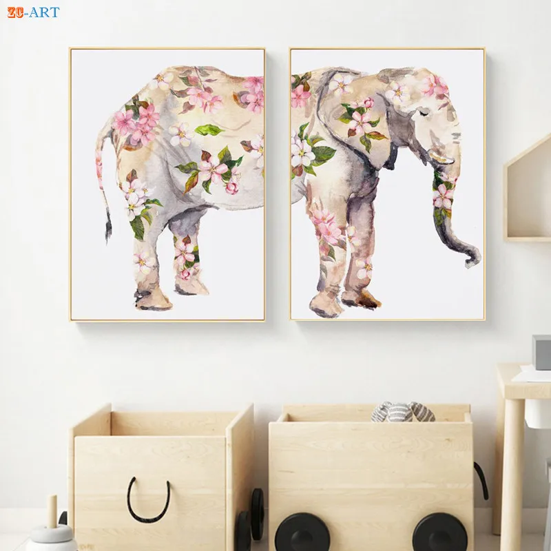 Розовые цветы и плакаты слона рисование на холсте с принтом животных декор для