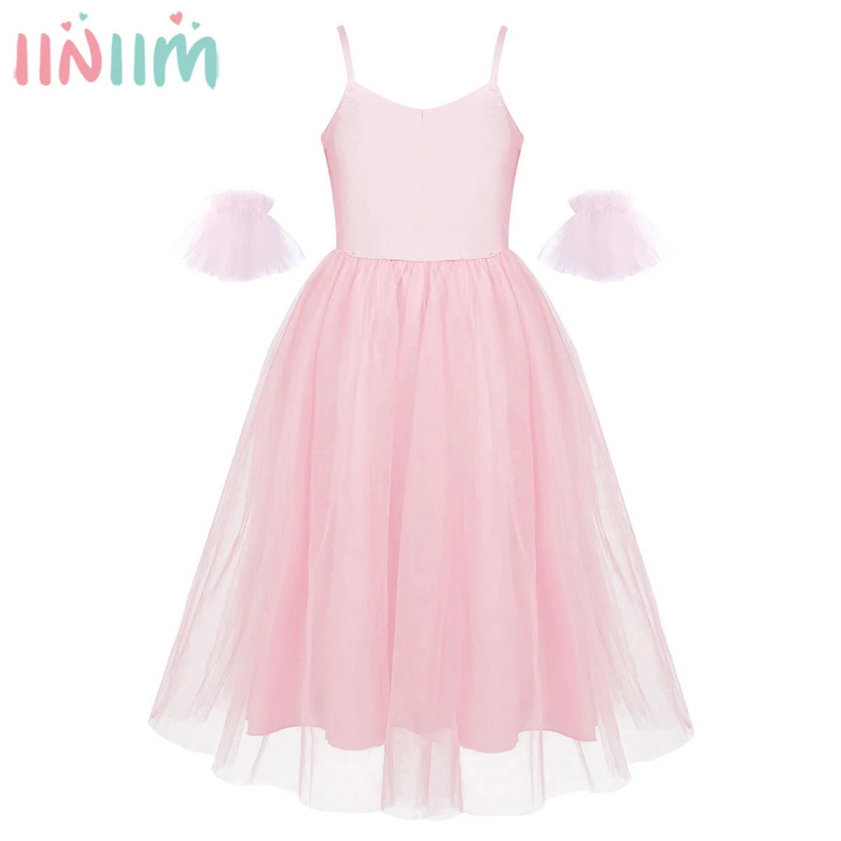 iiniim Kids Girls Ballerina Spaghetti Shoulder Straps Romantic Style Ballet Dance Mesh Long Dress with Ruffled Arm Sleeves