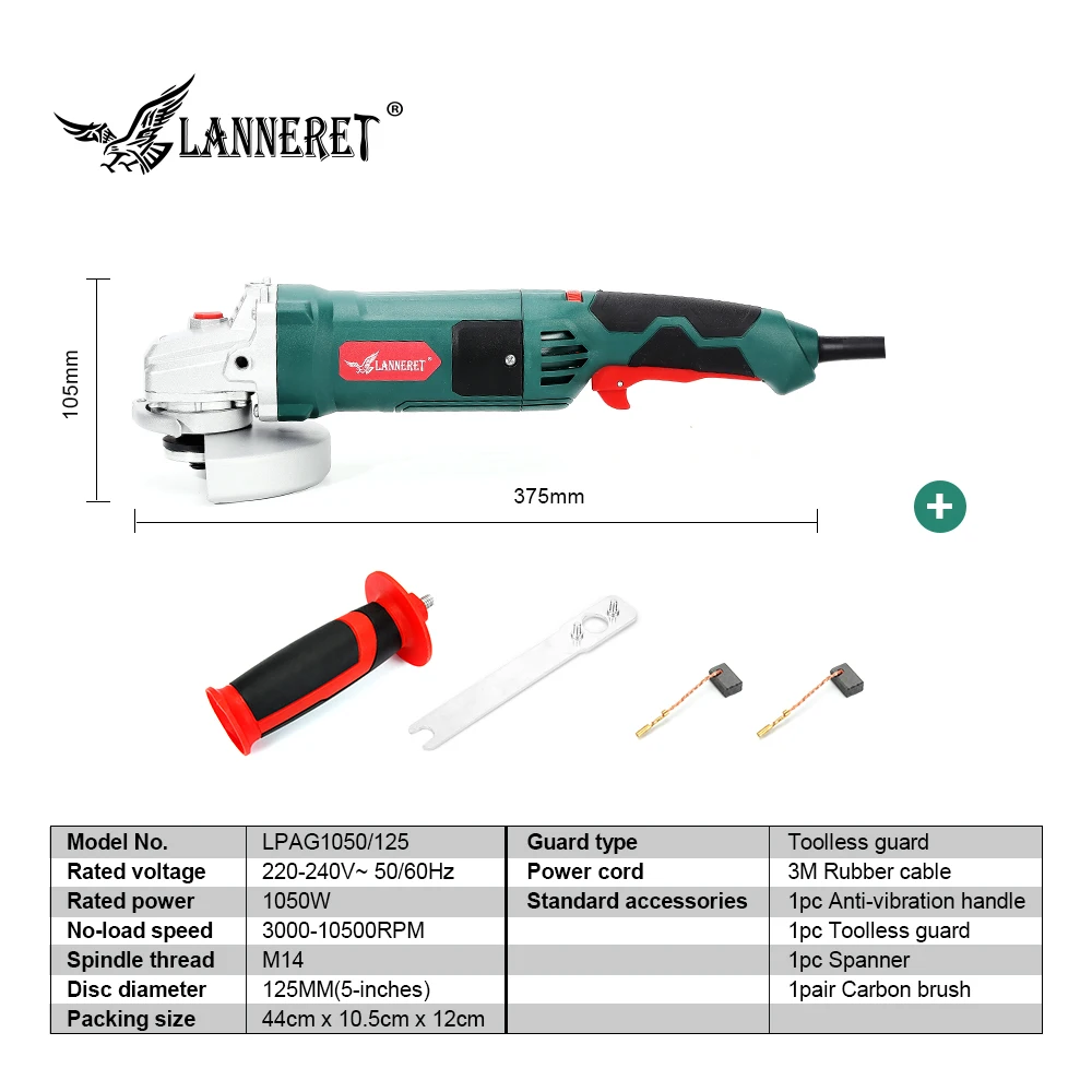 LANNERET Electric Angle Grinder 1050W 125mm Variable Speed 3000-10500RPM Toolless Guard for Cutting Grinding Metal or Stone Work