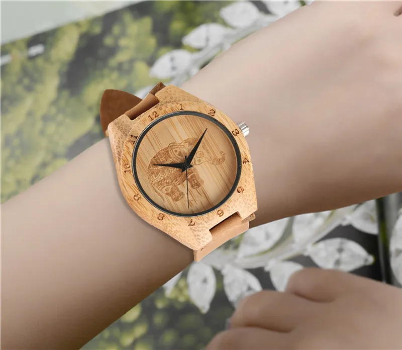 

Handmade Wooden Watches Exquisite Thailand Elephant Engraving Bamboo Unisex Sports Quartz Wristwatch Man's Women's Clock Gifts