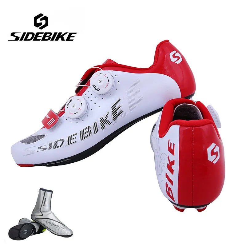 white with overshoes Sidebike/Мужская велосипедная обувь из углеродного волокна, обувь для велосипеда, самозакрывающаяся дышащая Ультралегкая велосипедная обувь, спортивные кроссовки - Цвет: white with overshoes