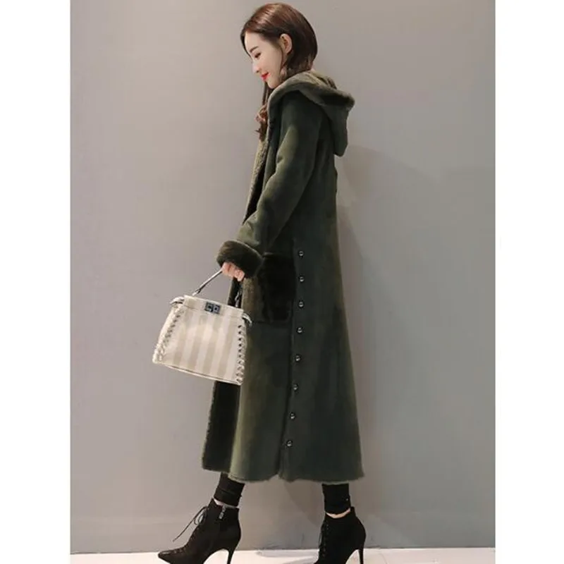 2018 spring winter military jackets woman side split thermal thicken flocking maxi long suede jacket coat with a hood | Женская одежда