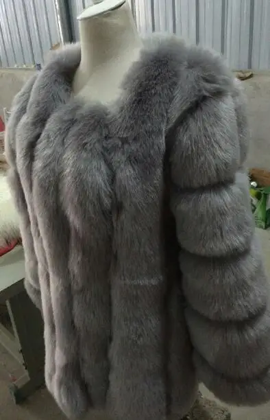 FOLOBE S-4XL, зимняя Роскошная Шуба из искусственного лисьего меха, тонкая длинная розовая красная синяя куртка из искусственного меха, женские пальто из искусственного меха, манто fourrure - Цвет: Серый