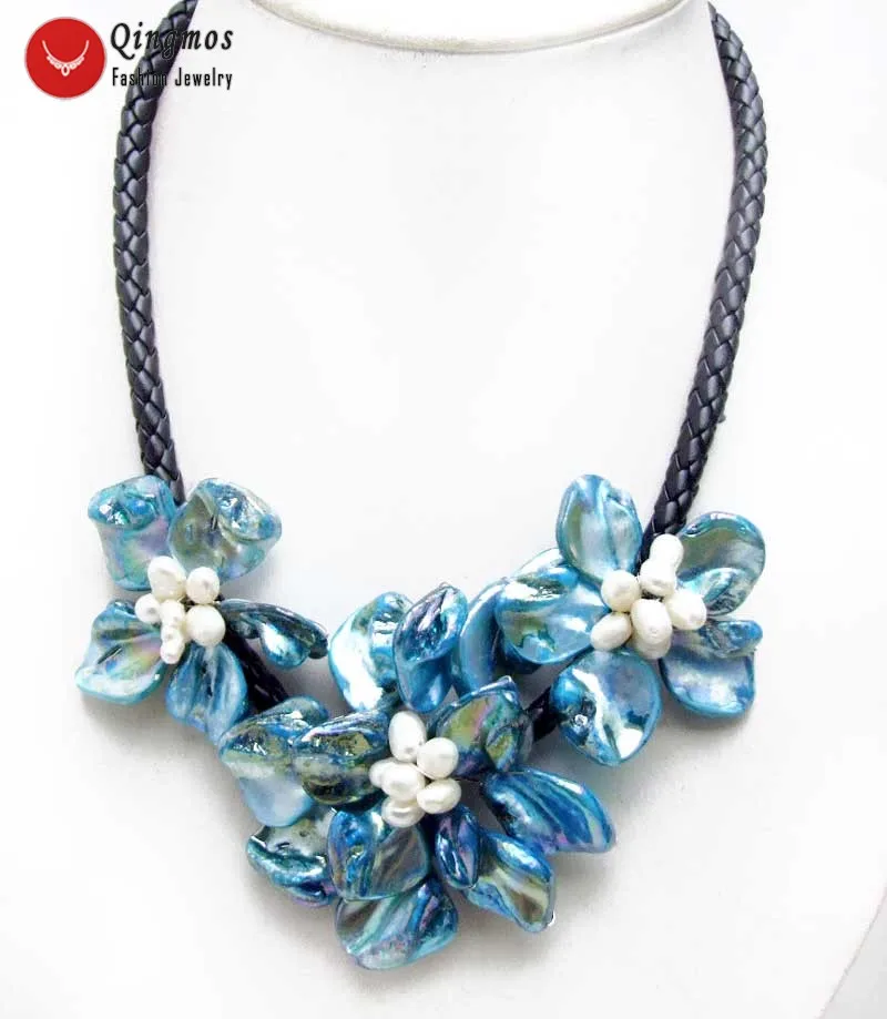 

Qingmos Trendy Shell Flower Pendant Necklace for Women with 3 Piece Blue Shell Pearl Necklace Jewelry Chokers 18'' Nec6334