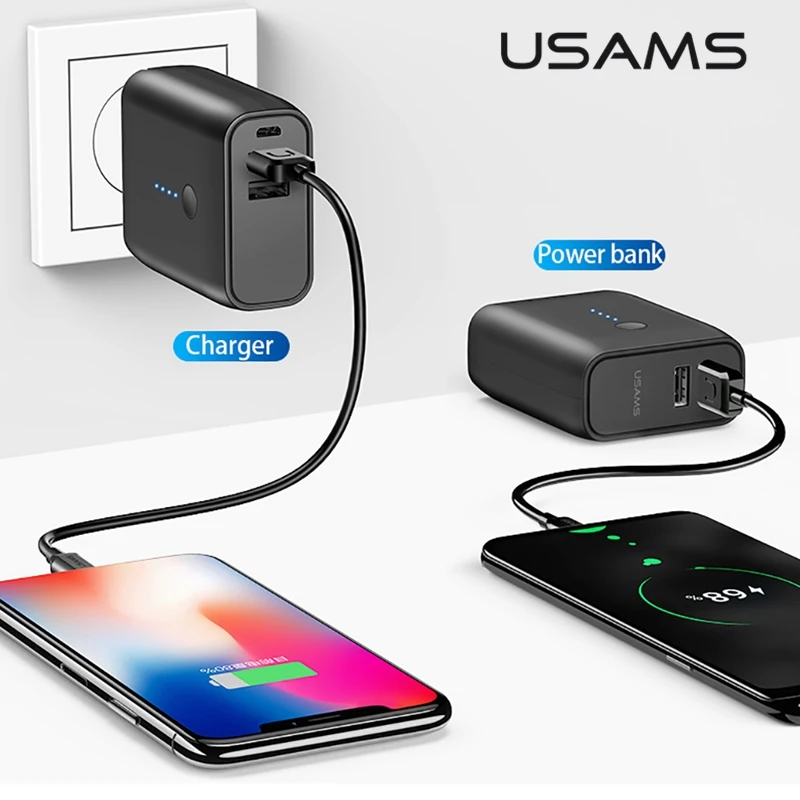 USAMS USB зарядное устройство 5000 мАч Power Bank 2 в 1 Складная штепсельная вилка EU/US Авто Pover