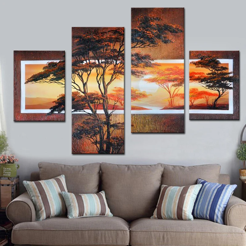 Modern Exquisite Decorative Pictures for Wall Hand Painted Oil Paintings Art and Craft Bedroom Decor Marvelous 4 Pieces Set | Дом и сад