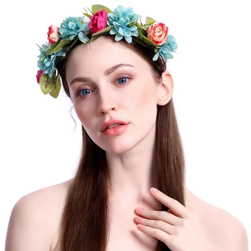 

Ladies Girl Boho Candy Color Imitation Rose Flower Hairband Wedding Garland Wreath Ribbon Bowknot Unadjustable Crown Headband