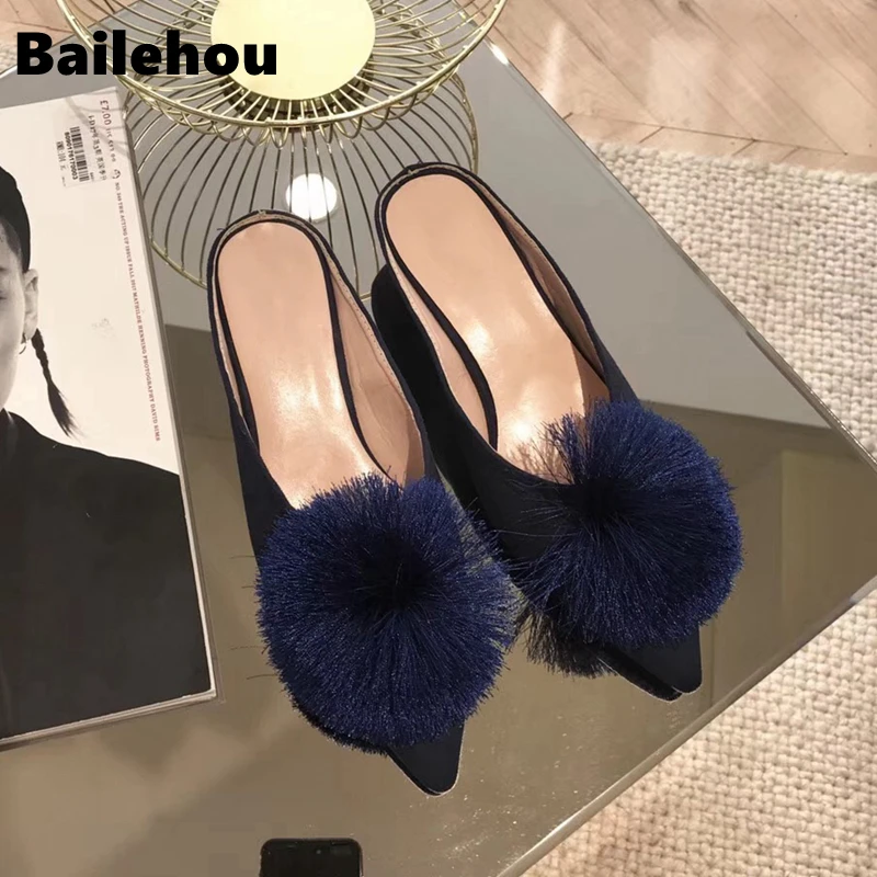 Bailehou/2019 меховые женские шлепанцы с помпонами без задника острым носком