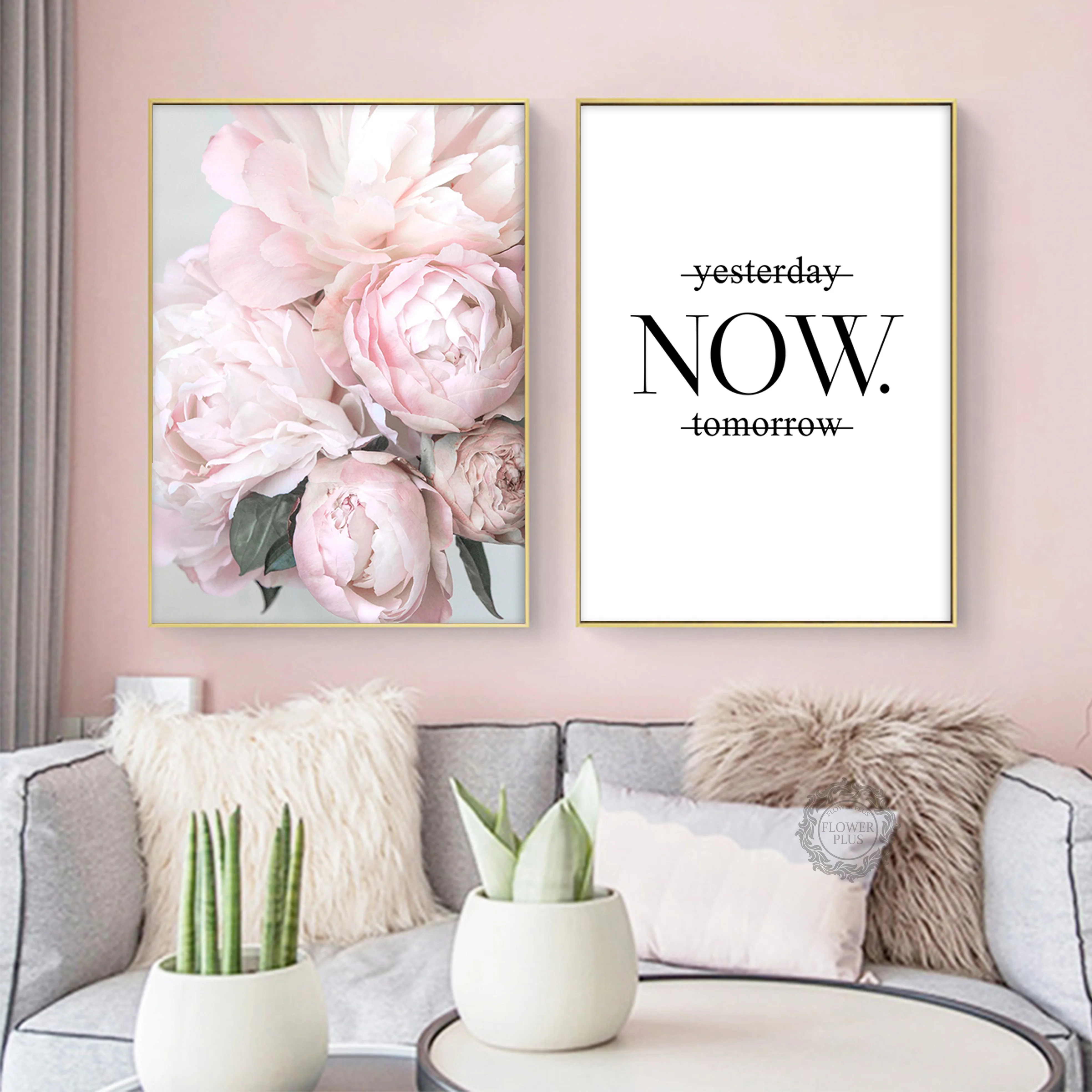 Nordic розовый цветы пиона и надписями Wall Art кактус холст Плакаты принты Зеленый