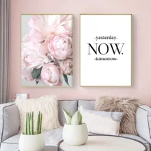 Nordic розовый цветы пиона и надписями Wall Art кактус холст Плакаты
