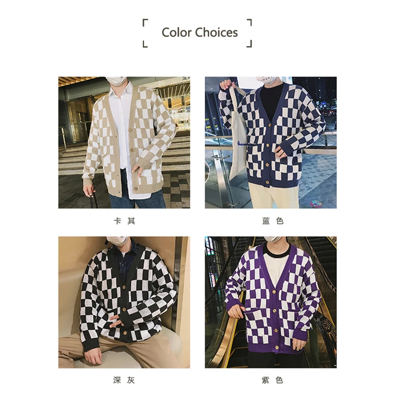 Plaid Oversized Sweater Men Hip Hop Mens v Neck Knit Cardigan Hombre Korean Checked Vintage Knitted Jacket Sweaters Mens Stylish