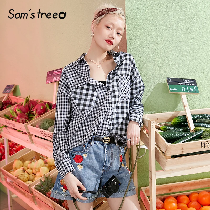 Samstree, Женская клетчатая блузка, длинный рукав, хлопок, размера плюс, блузка для работы, женская, вышивка, Ретро стиль, рубашки, карман, для молодых девушек, топы