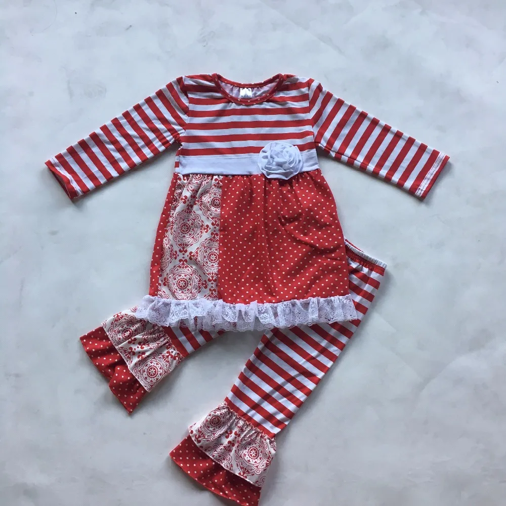 New Designs Girls Boutique Clothing Sets Full Sleeve Floral Ruffle Red Striped Pants Fall Wholesale Baby F194 | Детская одежда и