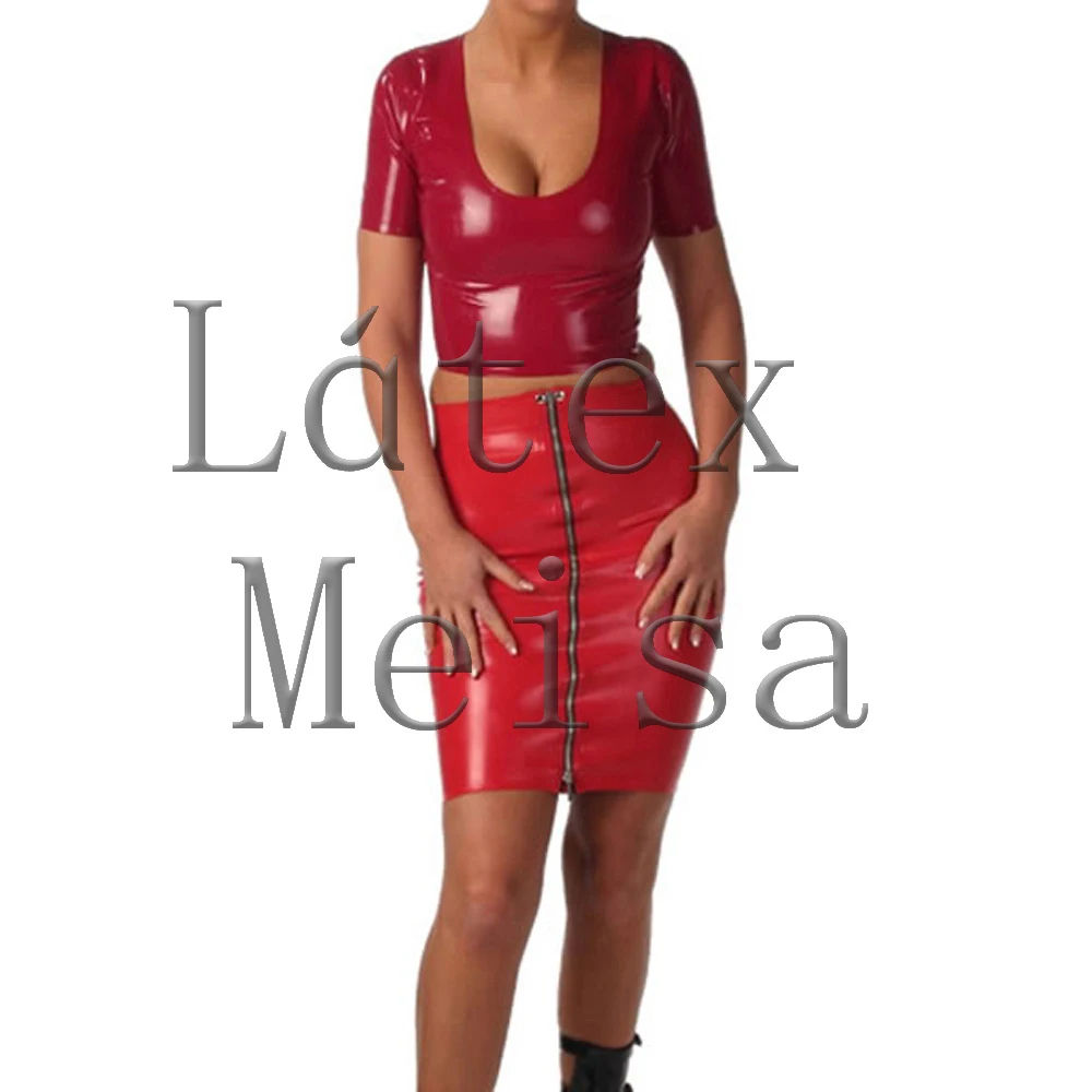 100% handmade Fetish latex pencil skirt exclude top with front zip in solid red color