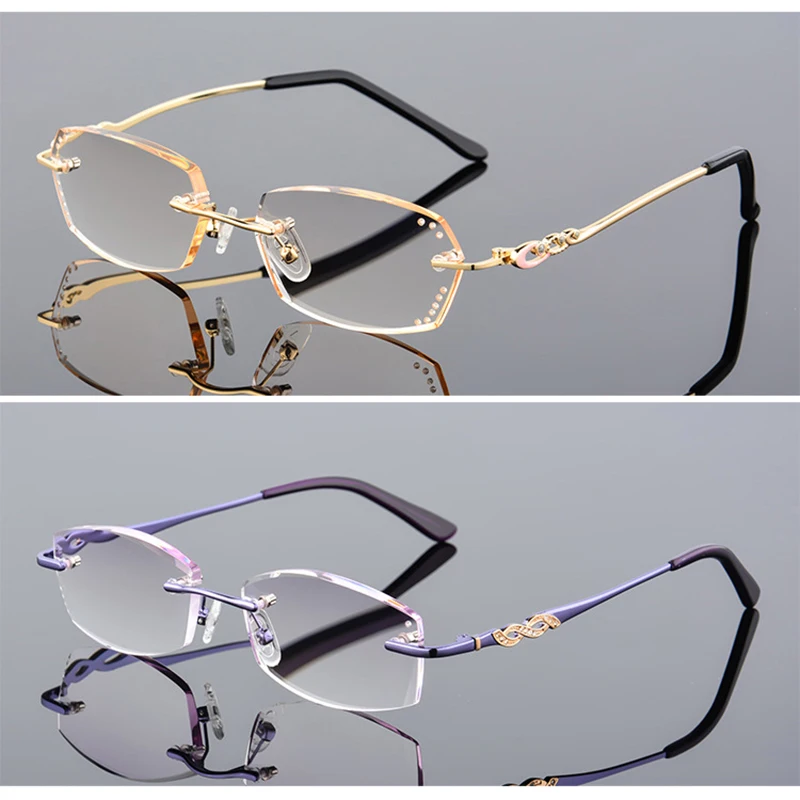 Fashion Rhinestone Reading Glasses magnifier Women Diamond Cutting Rimless Gold Purple Readers Presbyopic Eye D5 | Аксессуары для