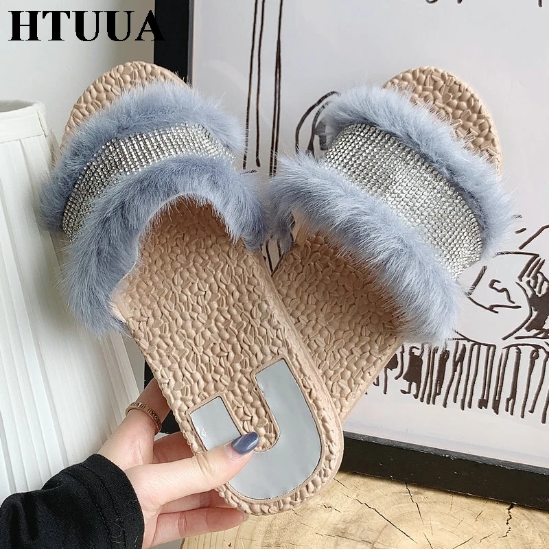 HTUUA/2019 г. летние женские шлепанцы ярких цветов со стразами пушистый меховой плед
