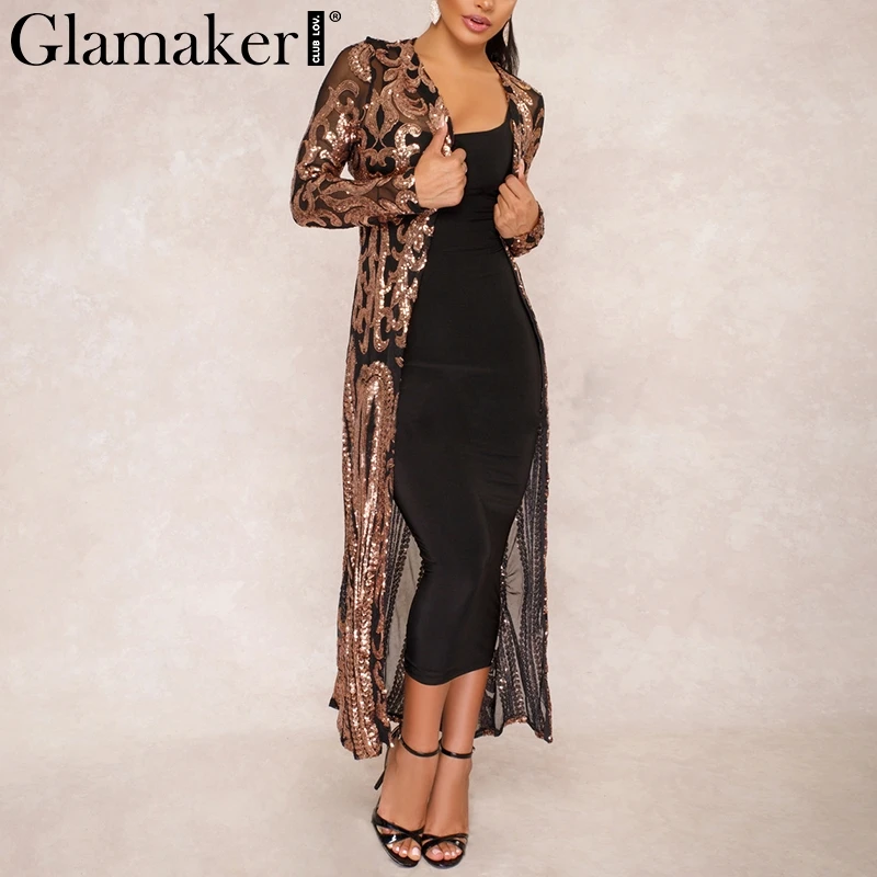 Glamaker, длинное Сетчатое пальто с блестками, Тренч, женское прозрачное пальто с цветочным принтом, верхняя одежда, модные, летние, весенние, вечерние, Тренч, новинка