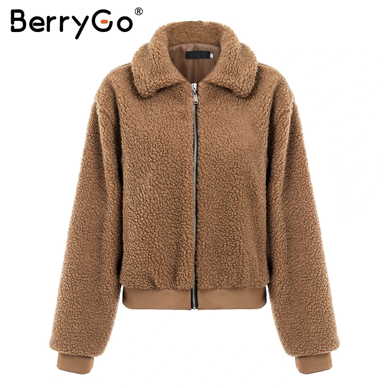 BerryGo Винтаж из искусственного меха Тедди куртка Для женщин толстые теплые