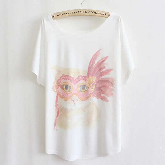 Новинка лета 2019 корейская простая повседневная футболка с принтом кота на