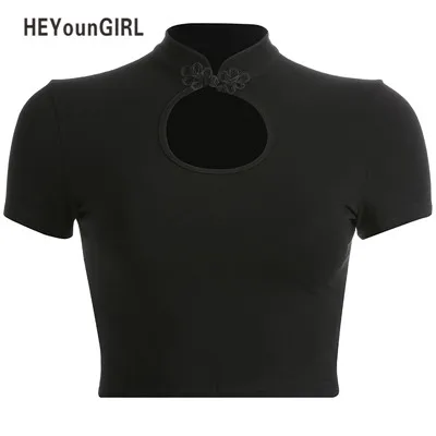 Черный HEYounGIRL повседневная женская футболка Харадзюку, черная Базовая укороченная футболка с коротким рукавом, футболки в китайском стиле, винтажная женская футболка, лето - Цвет: Черный