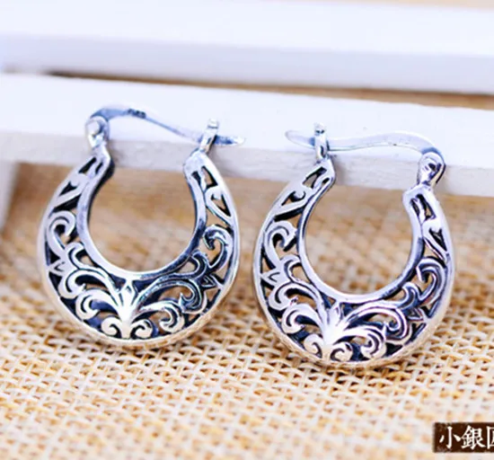 

KJJEAXCMY s925 sterling silver Jewelry Thailand Mosaic Retro Pattern Hollow Hoop Earrings Ladies Woman Chinese Style