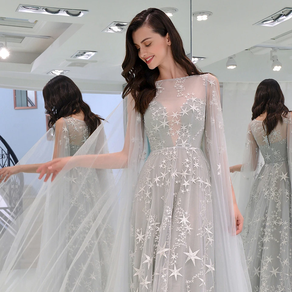 Dressv вечернее платье с круглым вырезом и длинными рукавами, кружевное платье в пол для свадебной вечеринки, торжественное платье трапециевидной формы, вечернее платье es