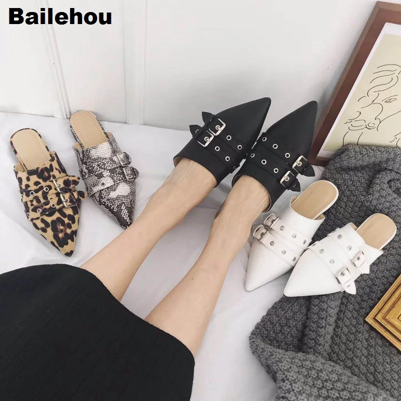 Bailehou/женские шлепанцы с леопардовым принтом под змеиную кожу, женские шлепанцы на плоской подошве, женская обувь с острым носком, сандалии с закрытым носком, женские новые шлепанцы