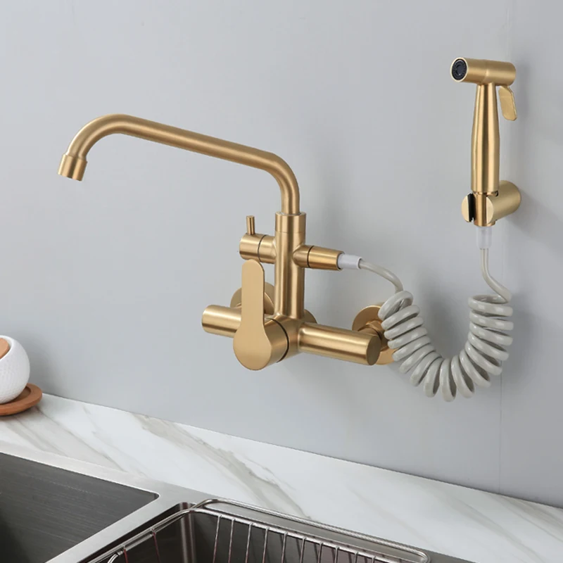 Wall mounted Brushed gold stainless steel kitchen faucet with bidet spray shower head Rotatable Cold and hot water faucet- | Обустройство