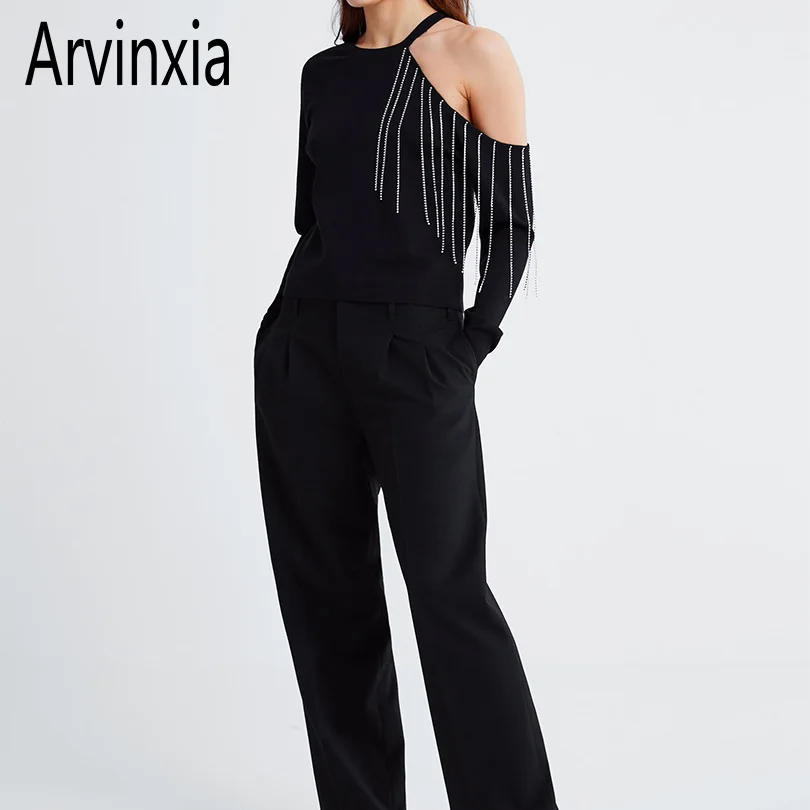 Arvinxia ZA Summer Solid Hollow Out Women Pullover New Off The Shoulder Long Sleeve Lady Sweaters Sexy Tassel O Neck Stylish Top | Женская