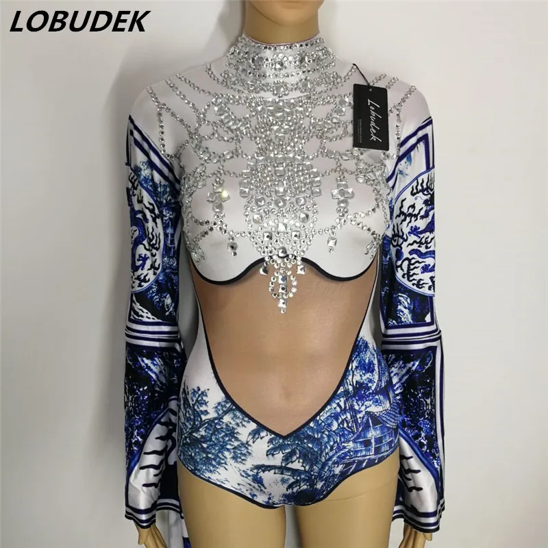 Блестящий сексуальный боди со стразами рукав пагода трико комбинезон с яркими