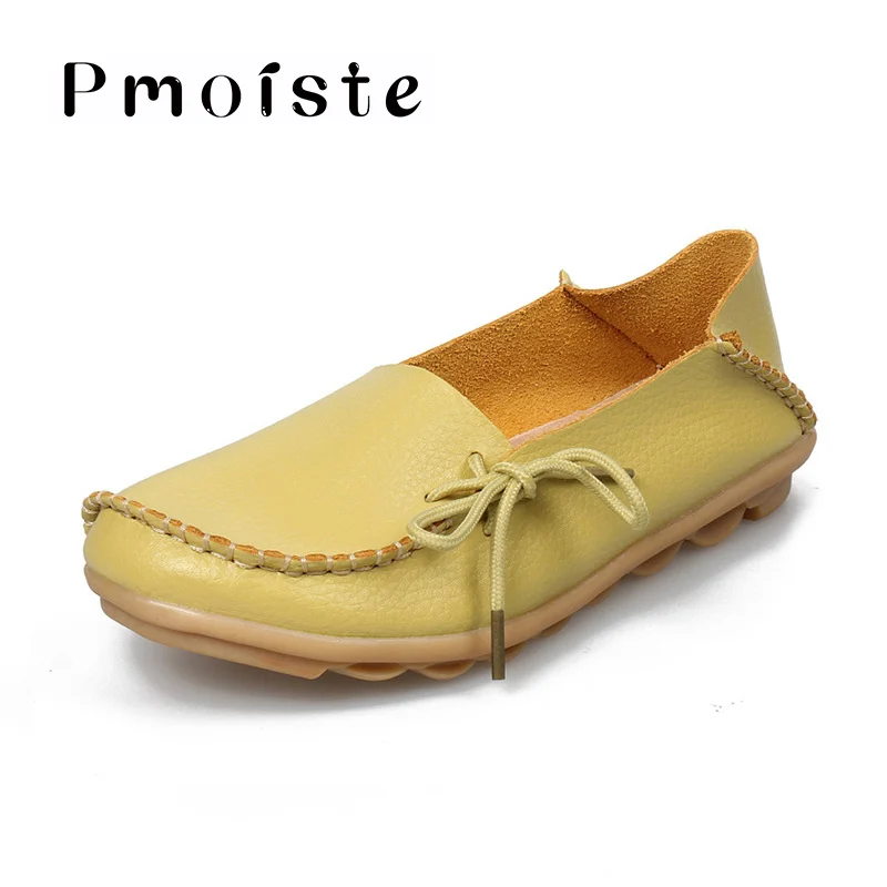 Light yellow Женская обувь на плоской резиновой подошве с круглым носком; недорогая обувь с закрытым носком; 22 цвета; Демисезонная обувь; женские лоферы из натуральной кожи с вышивкой - Цвет: Light yellow