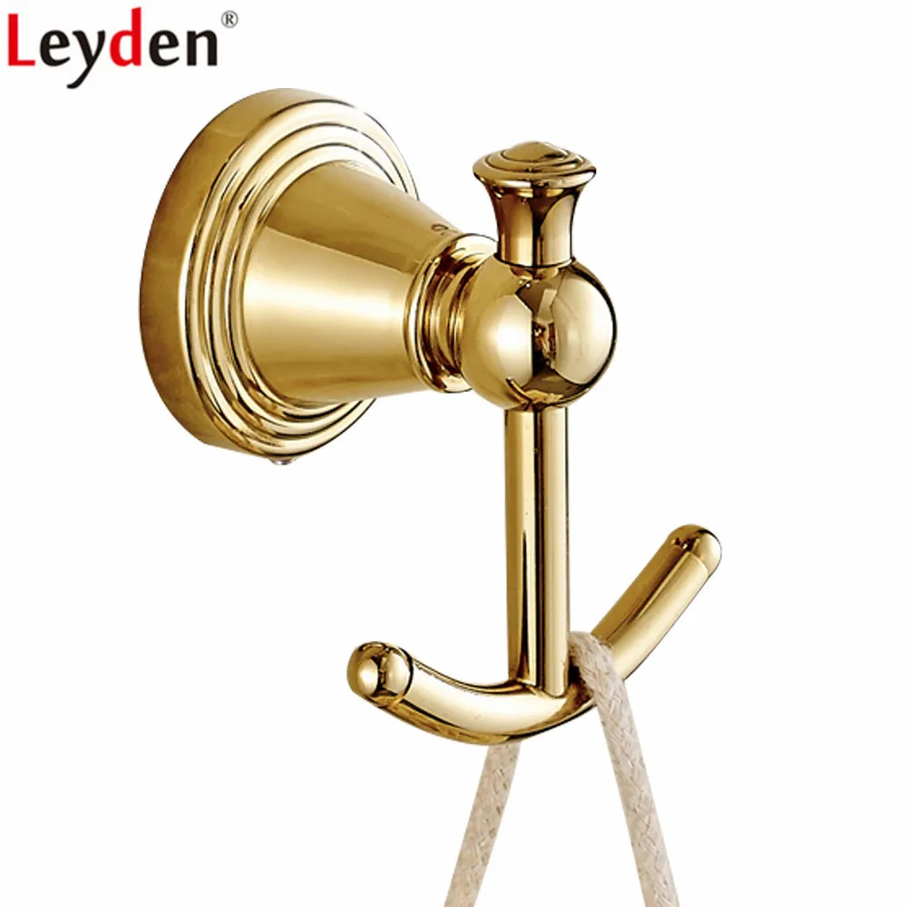 

Leyden Golden Finish Brass Robe Hooks Wall Mounted Modern Clothes Hnager Towel Hooks Kitchen Lavatory Bathroom Accessories