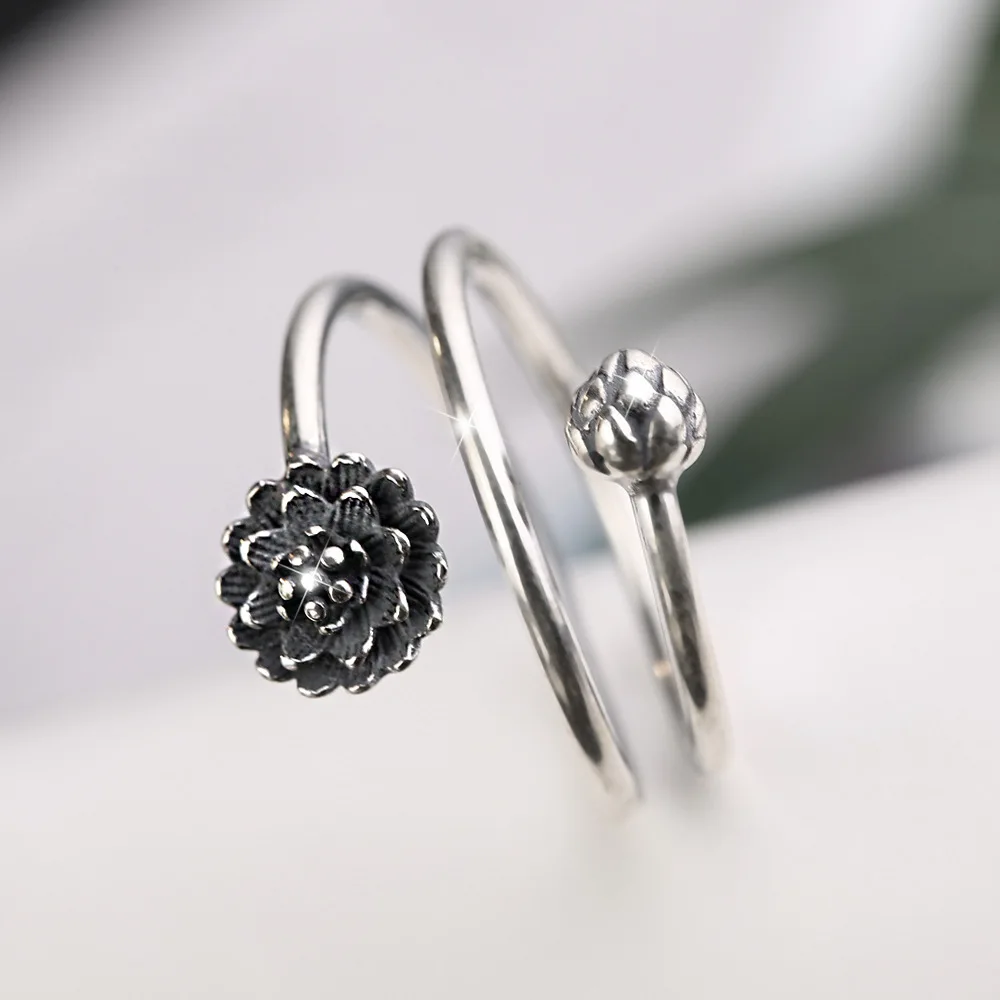 

Retro Delicate Lotus flower Adjustable Ring For Women Old silver color Charm Party Finger Jewelry Dropshipping Wholesale