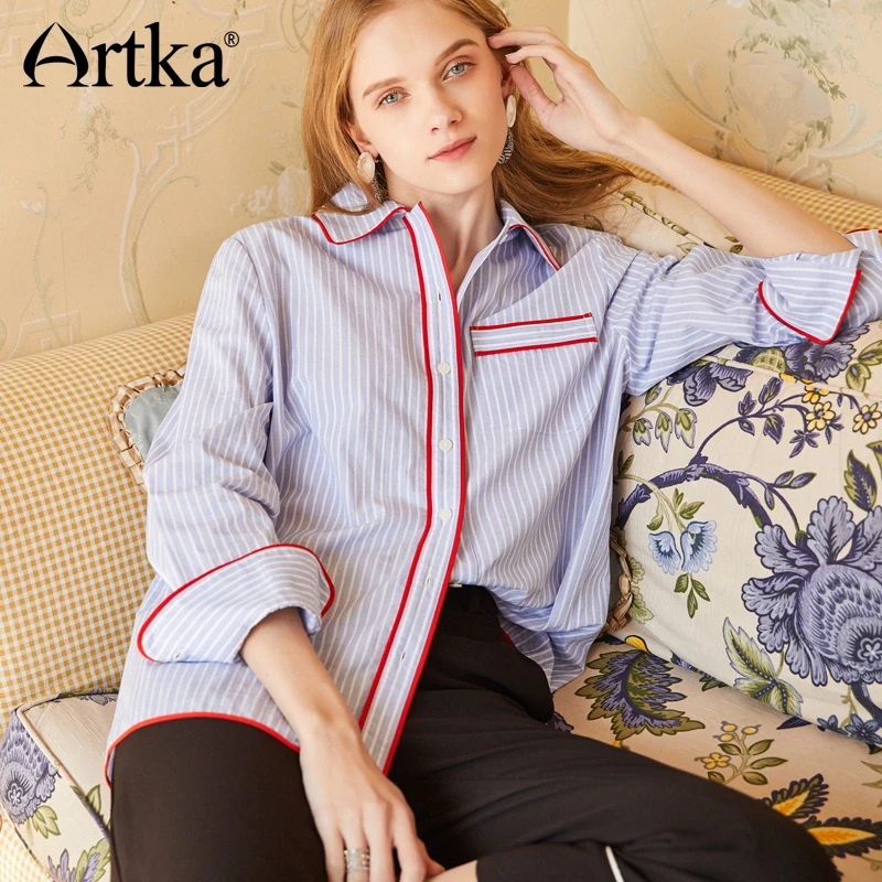 ARTKA Женская летняя полосатая блузка простая синяя Повседневная JS17050 | одежда