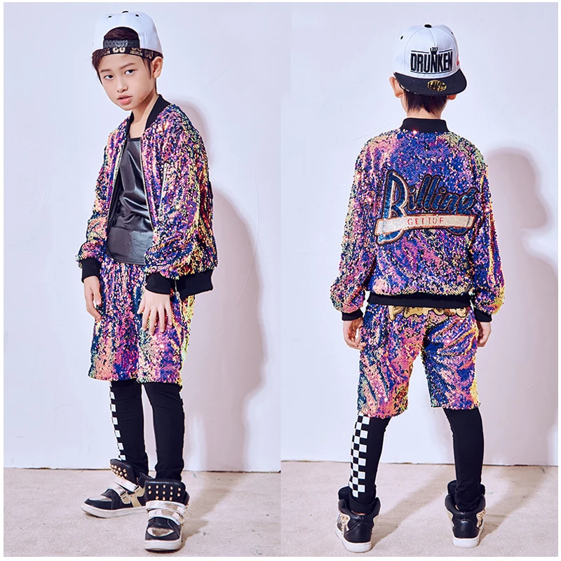 

New Jazz Dance Costumes Boys Kids Dance Performance Costumes Hip Hop Multicolor Sequins Long Sleeve Street Dance Clothing DN1797