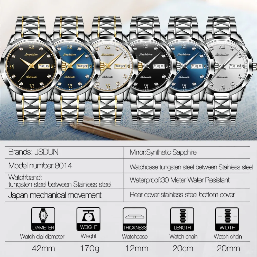 JSDUN Мужские автоматические механические светящиеся часы из нержавеющей стали с