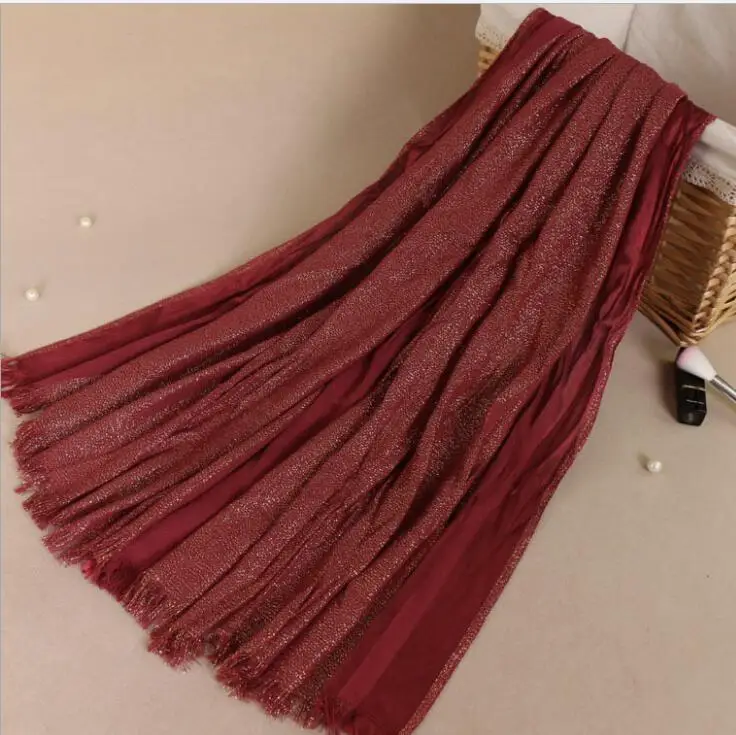 wine red Популярные мусульманские хиджаб обертывание тюрбан женские мягкие хлопковые блестящие золотистый люрекс блестящие шали Хиджаб длинные шарфы/шарф 10 цветов 170*70 см - Цвет: wine red