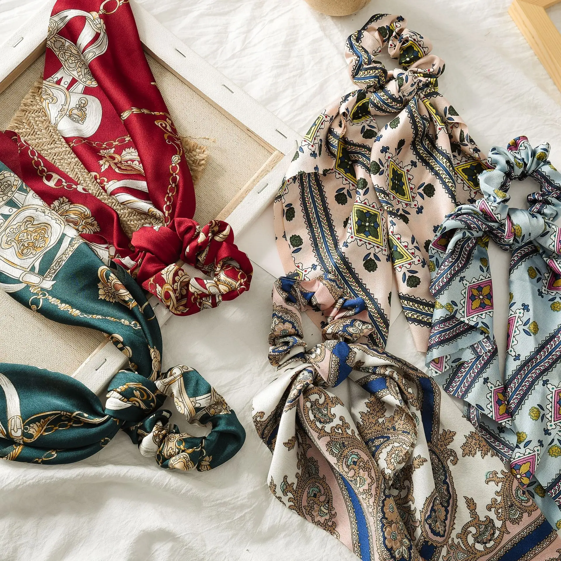 Summer Flower Printed Women Elastic Scrunchies Hair Bands Retro Hair Ties Scarf Rubber Band Hair Accessories for Women Girls