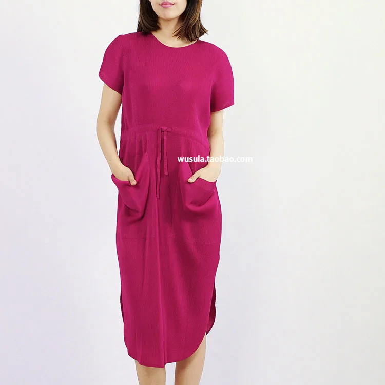 

Miyake Small bat sleeve lace pocket fold dress slit dress loose arc pleated dresses